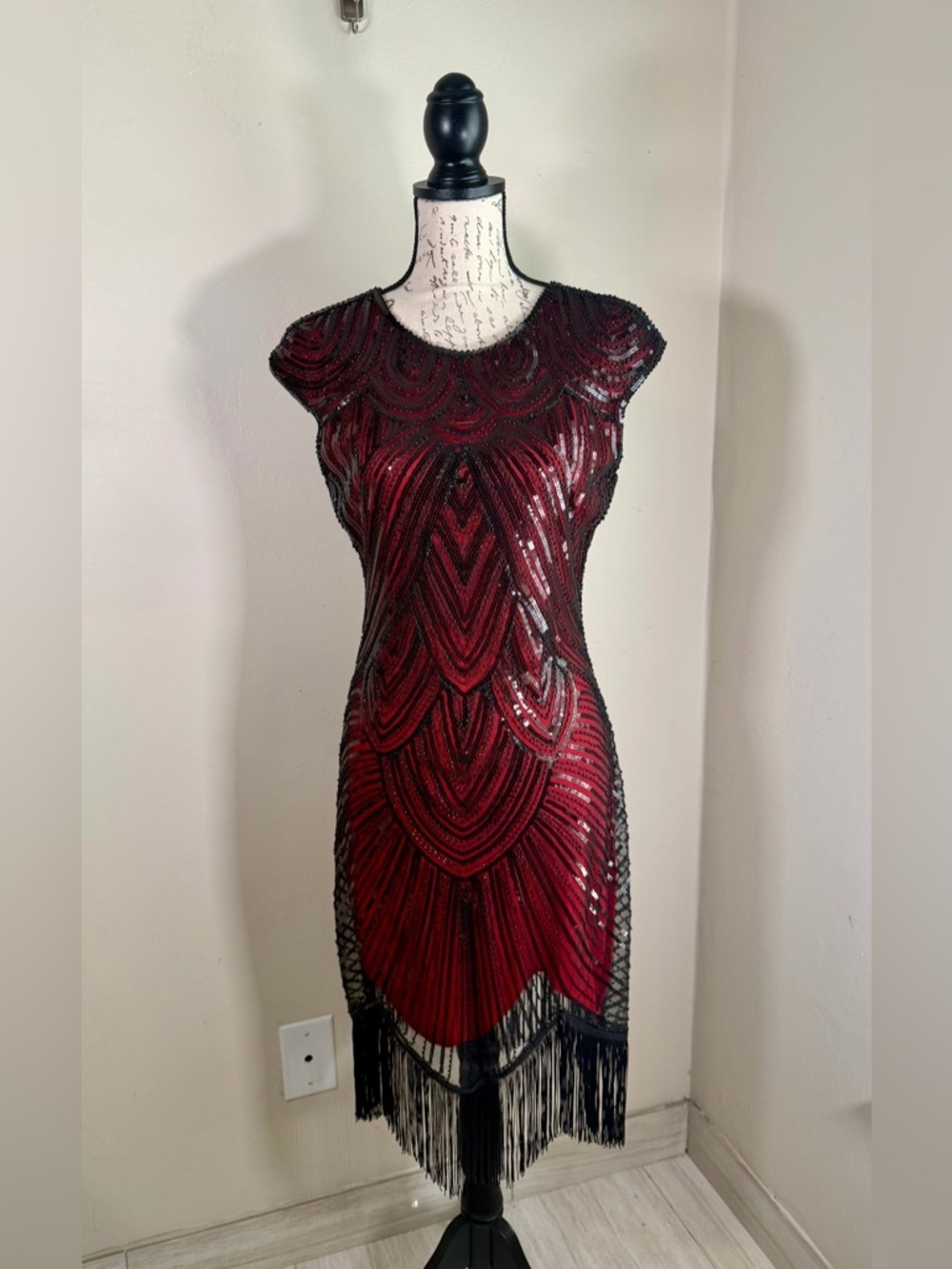 Red Sequined Fringe Midi Dress with Black Accents